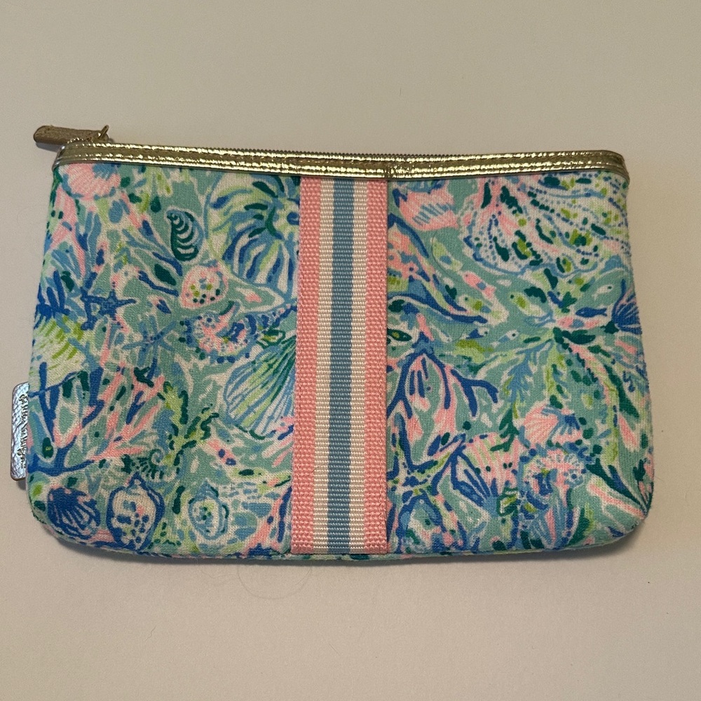 Lilly Pulitzer Blue and Pink Floral Cosmetic Bag with Gold Trim